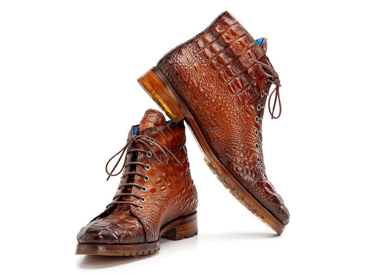 Paul Parkman Men's Brown Croco Embossed Leather Boots - 12811-BRW feature a textured surface, lace-up design with metal eyelets, and rugged rubber soles.