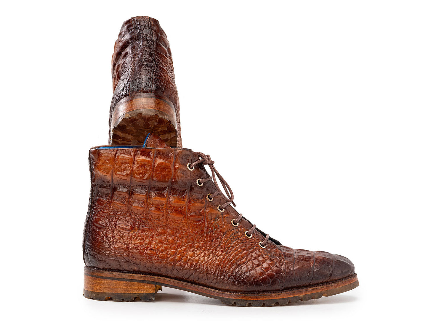 Paul Parkman Men's Brown Croco Embossed Leather Boots - 12811-BRW feature a textured surface, lace-up design with metal eyelets, and rugged rubber soles.