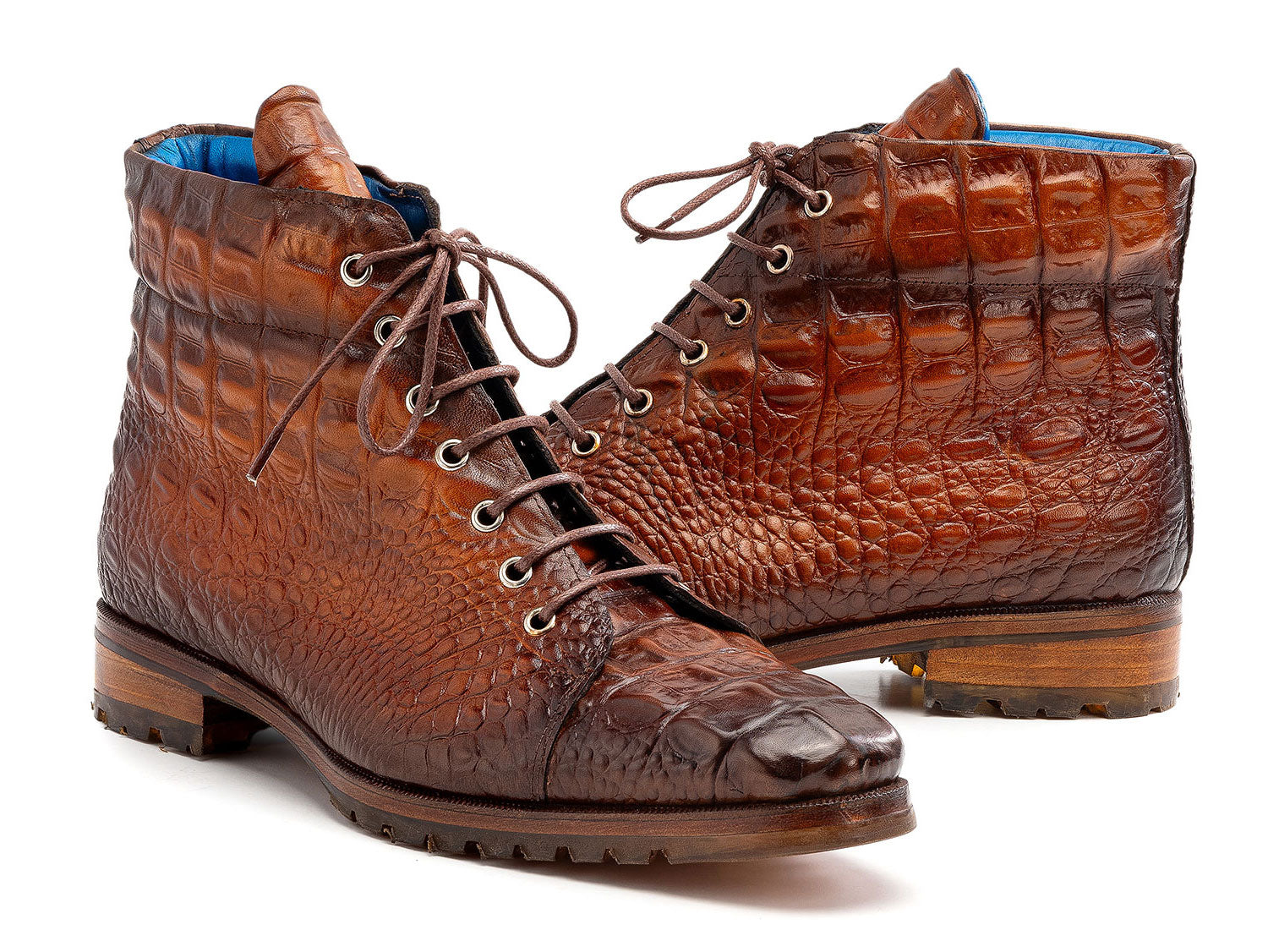 Paul Parkman Men's Brown Croco Embossed Leather Boots - 12811-BRW feature a textured surface, lace-up design with metal eyelets, and rugged rubber soles.