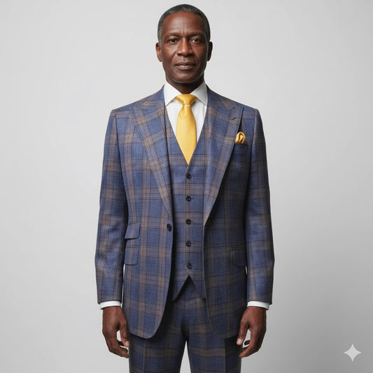 A mannequin in a Tiglio Rosso Orvietto Blue/Camel Plaid suit, styled with a yellow tie and pocket square, stands in a wood-paneled office with bookshelves and leather chairs, radiating classic elegance.