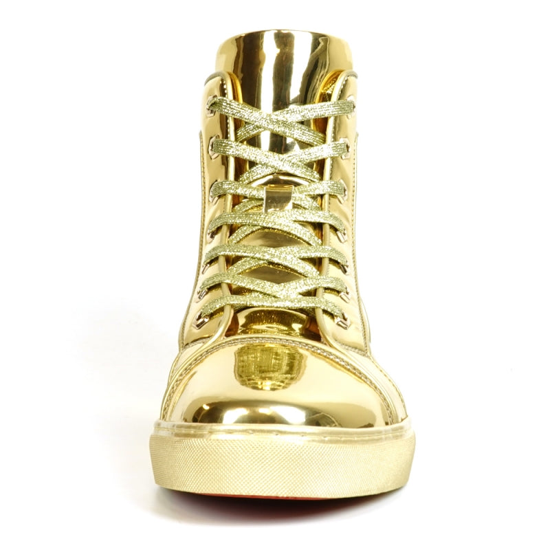 The Fiesso FI-2416-2 Gold Patent Leather High Top Sneaker for men features shiny gold patent leather, gold laces, and a light rubber sole, stylishly displayed from a side view.