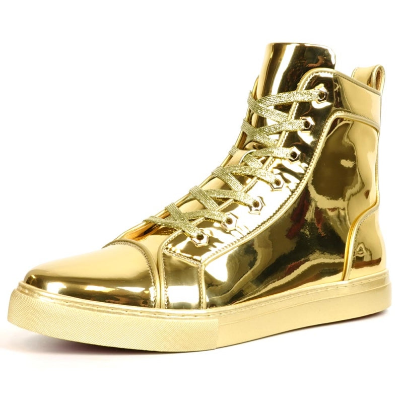 The Fiesso FI-2416-2 Gold Patent Leather High Top Sneaker for men features shiny gold patent leather, gold laces, and a light rubber sole, stylishly displayed from a side view.