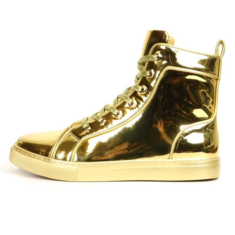 The Fiesso FI-2416-2 Gold Patent Leather High Top Sneaker for men features shiny gold patent leather, gold laces, and a light rubber sole, stylishly displayed from a side view.