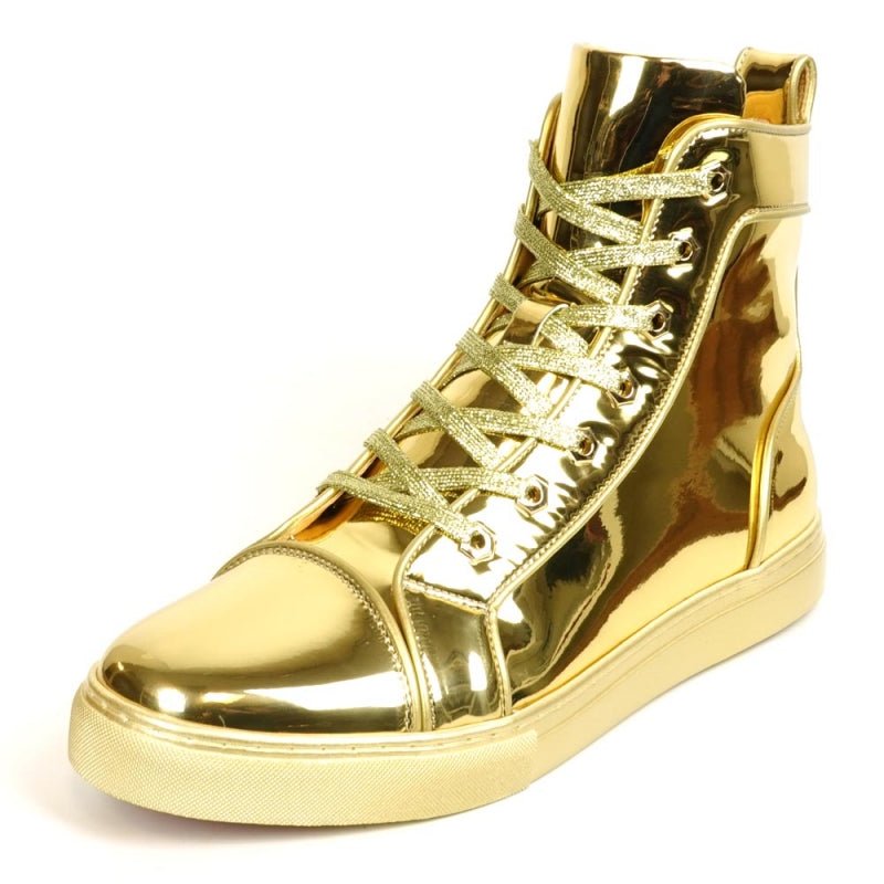 The Fiesso FI-2416-2 Gold Patent Leather High Top Sneaker for men features shiny gold patent leather, gold laces, and a light rubber sole, stylishly displayed from a side view.