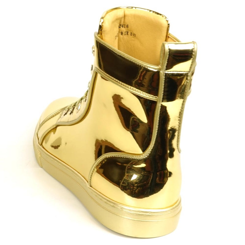The Fiesso FI-2416-2 Gold Patent Leather High Top Sneaker for men features shiny gold patent leather, gold laces, and a light rubber sole, stylishly displayed from a side view.