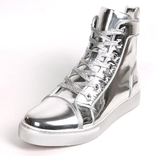 The Fiesso FI-2416-2 Silver Patent Leather High Top Sneaker features a shiny metallic silver finish, silver laces, and a white rubber sole, shown solo against a plain white background.