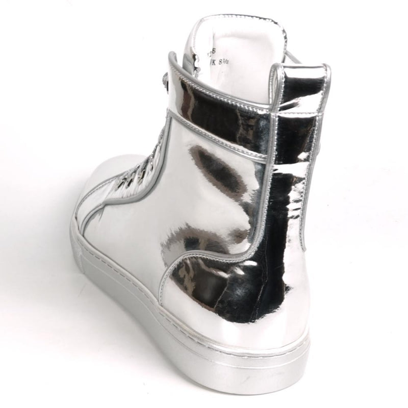 The Fiesso FI-2416-2 Silver Patent Leather High Top Sneaker features a shiny metallic silver finish, silver laces, and a white rubber sole, shown solo against a plain white background.