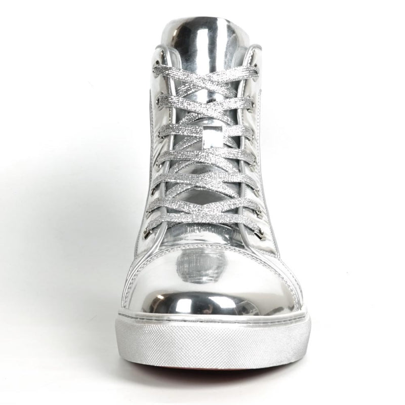The Fiesso FI-2416-2 Silver Patent Leather High Top Sneaker features a shiny metallic silver finish, silver laces, and a white rubber sole, shown solo against a plain white background.