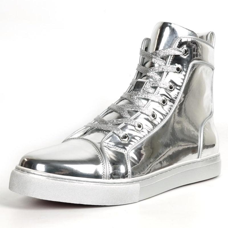 The Fiesso FI-2416-2 Silver Patent Leather High Top Sneaker features a shiny metallic silver finish, silver laces, and a white rubber sole, shown solo against a plain white background.