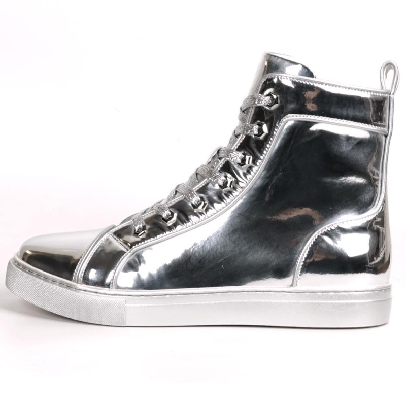 The Fiesso FI-2416-2 Silver Patent Leather High Top Sneaker features a shiny metallic silver finish, silver laces, and a white rubber sole, shown solo against a plain white background.