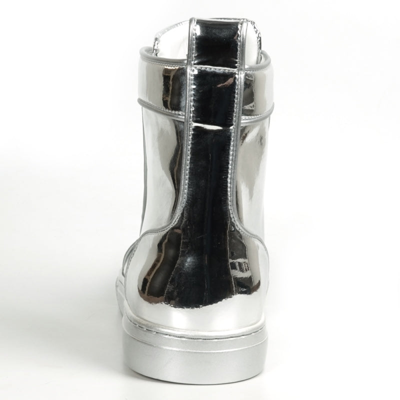 The Fiesso FI-2416-2 Silver Patent Leather High Top Sneaker features a shiny metallic silver finish, silver laces, and a white rubber sole, shown solo against a plain white background.