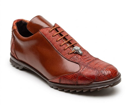 The Los Altos ZEUS Cognac Ostrich Leg (ZC091903), crafted from exotic skins, showcases a bold style statement. This brown leather footwear features a textured design and metallic embellishments on the laces, offering a unique touch with its elegant Ostrich Leg detailing.