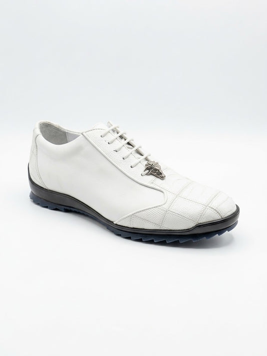 A pair of Los Altos ZEUS White Ostrich Leg shoes with black soles embellish the gray wooden floor. Crafted by Los Altos, these shoes are made from elegant ostrich leg leather, featuring a subtle pattern and laces that epitomize refined leather footwear.
