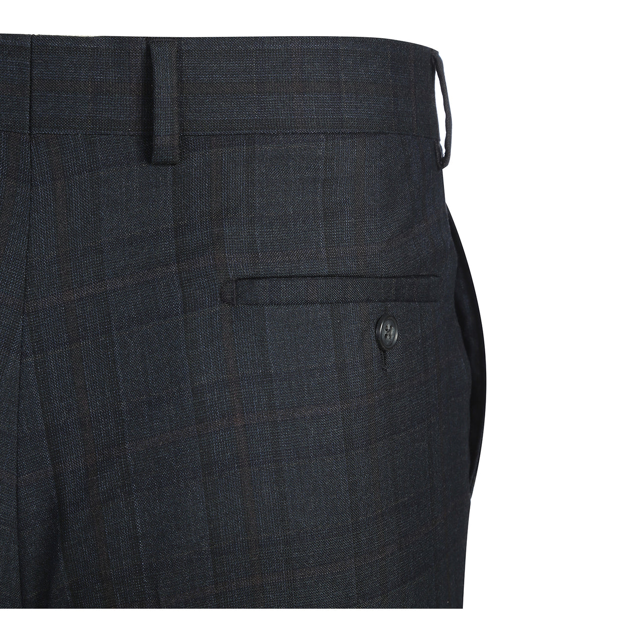 The ENGLISH LAUNDRY Dark Navy Check Suit EL12-56-475 by English Laundry is displayed on a mannequin with notched lapels, a white shirt, and striped tie—a sharp, modern two-button suit perfect for any occasion.