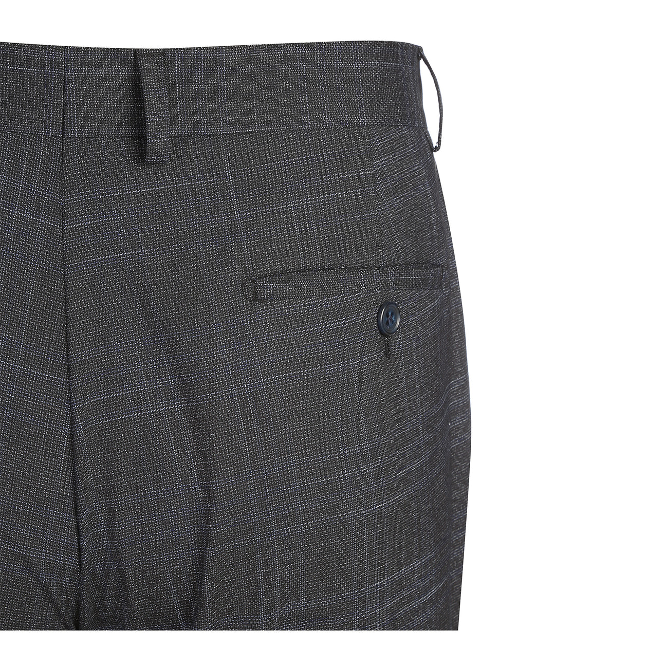 The English Laundry Navy Gray Check Suit 22-68-410EL features a modern slim fit jacket with notch lapel, crisp white shirt, and blue patterned tie—an ideal look for any occasion. Displayed on a mannequin against a white background.