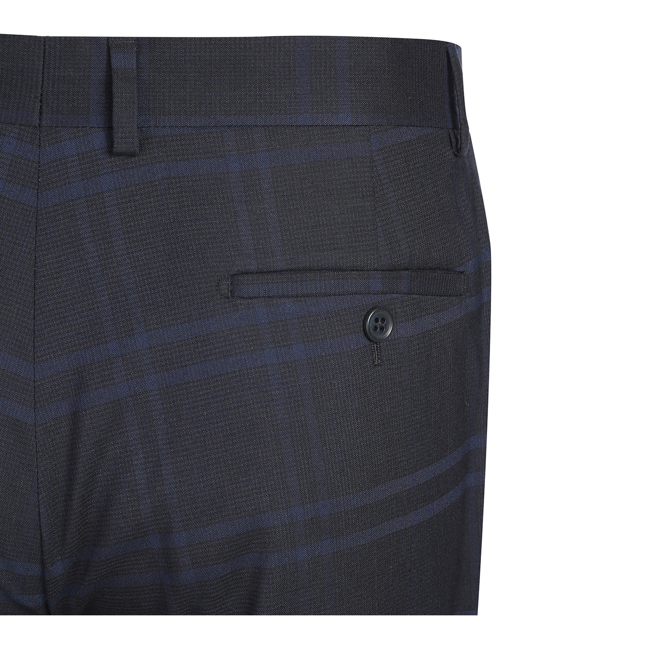 The ENGLISH LAUNDRY Navy Check Suit 22-20-410EL by English Laundry features a slim fit jacket with notched lapels, two-button closure, white dress shirt, and blue patterned tie—perfect for any formal occasion.