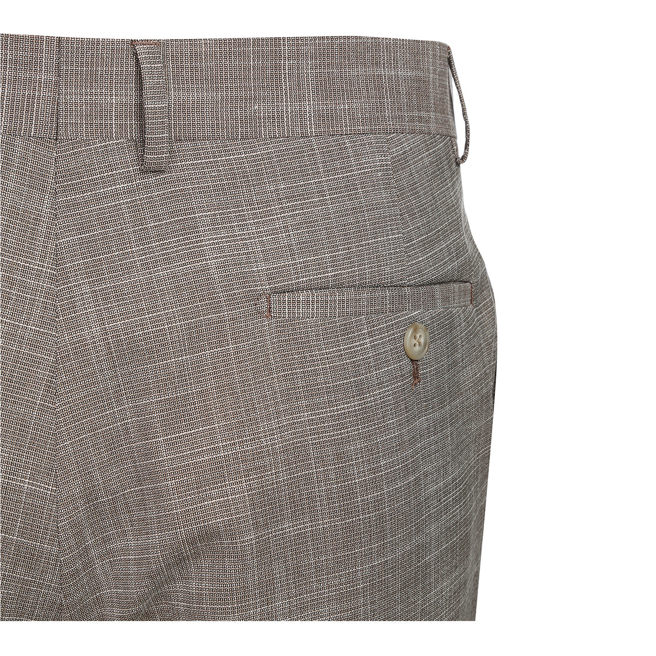 The ENGLISH LAUNDRY Brown Check Suit 22-18-652EL by English Laundry is a slim fit blazer with notch lapels, two-button closure, and patch pockets, shown over a white dress shirt and blue striped tie on a mannequin.