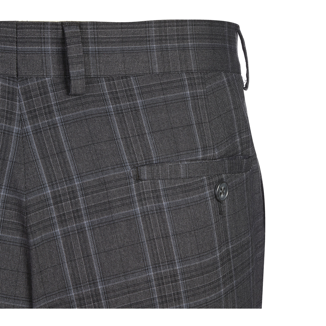 The ENGLISH LAUNDRY Dark Gray Check Suit 22-57-095EL by English Laundry features a slim fit, black and gray plaid design with a two-button closure, styled over a white shirt and blue patterned tie on a mannequin.