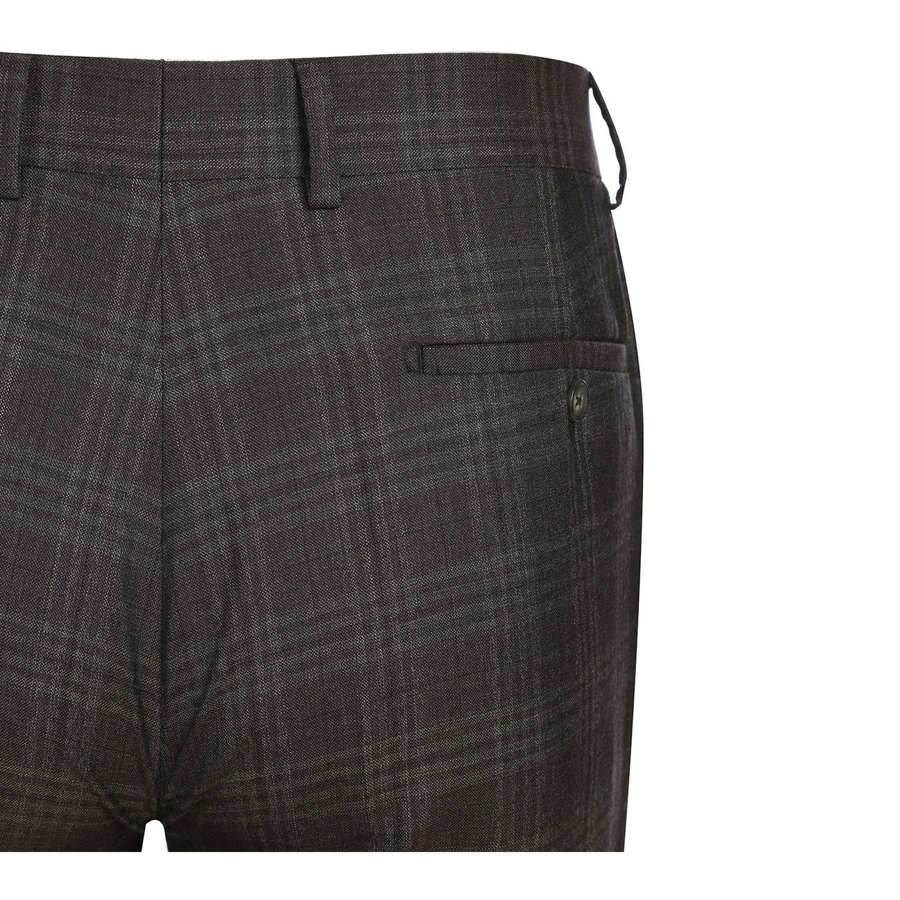 A mannequin showcases the English Laundry ENGLISH LAUNDRY Brown Check Suit EL12-58-555 with notch lapels, paired with a white dress shirt and a blue, brown, and gray striped tie.