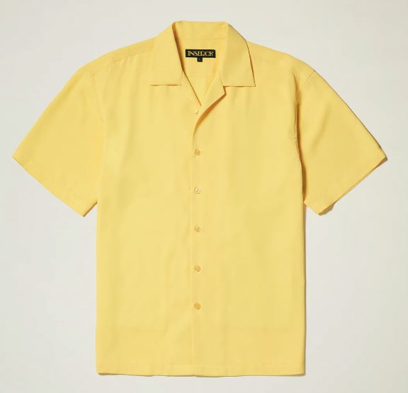 The Inserch 2pc Set (Shirts and Pants) Banana Cream by Inserch features a regular fit, short-sleeved button-up shirt with a camp collar in yellow microfiber, laid flat on a plain background.