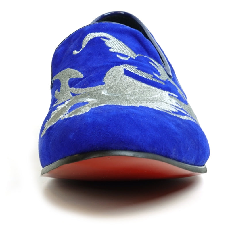 The FI-7039 Royal Blue Suede Slip-on Loafer by Fiesso showcases a sophisticated blue suede upper with silver embroidery and a sleek black sole, seen from the back.