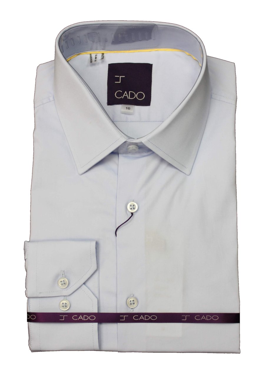 A neatly folded Cado Long Sleeve Blue Shirt 132 S in light blue, featuring a pointed collar and white buttons, adorned with the “Cado” brand label and wrapped with a purple branded band, crafted from premium Modern Fit Cotton for both comfort and style.
