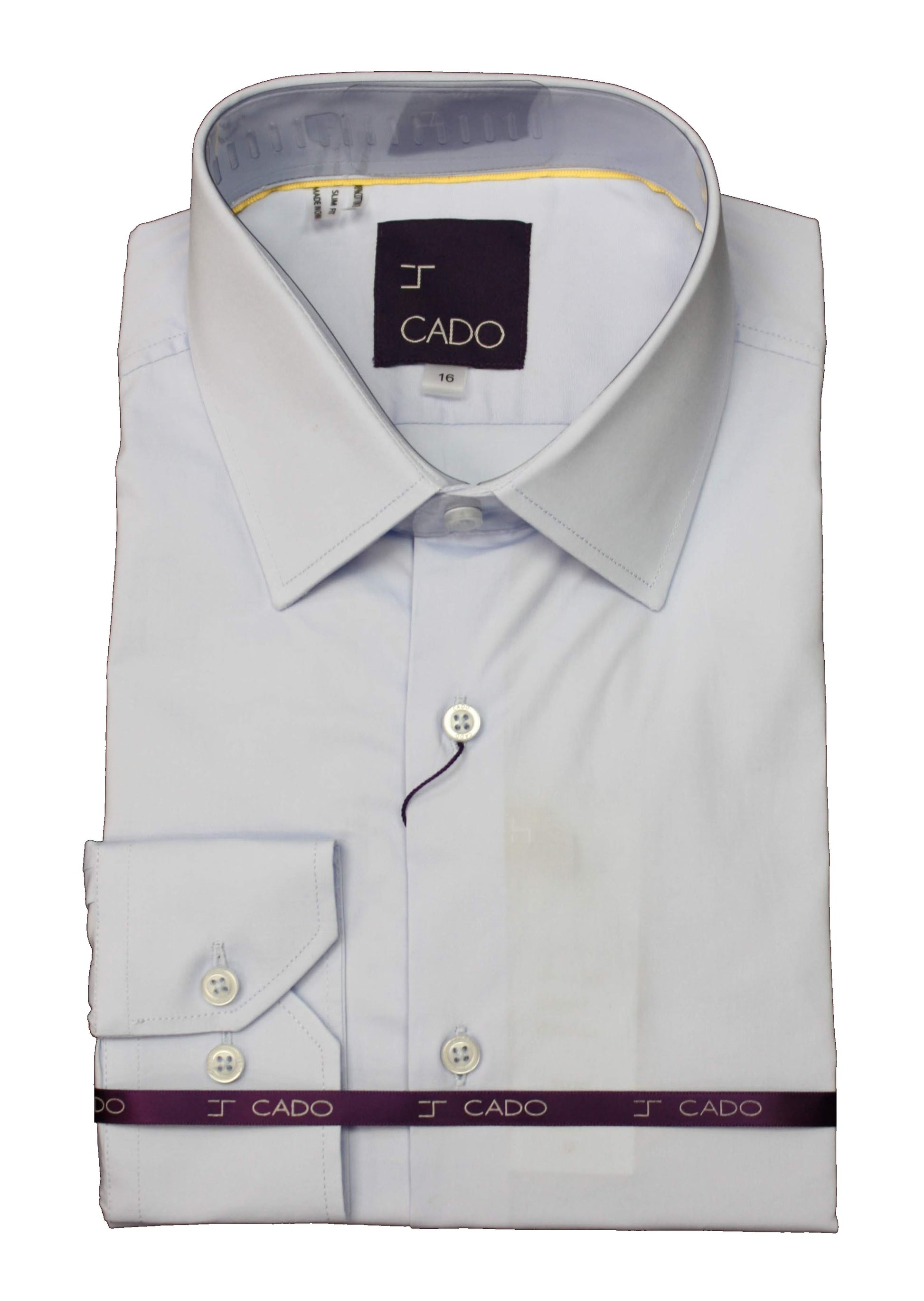 A folded Cado Long Sleeve Blue Shirt 132 S, featuring a pointed collar and buttoned cuffs, with the Cado brand tag on top and secured with branded tape. Made from cotton for a modern, comfortable fit.
