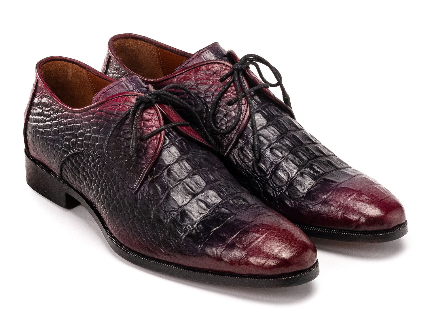 Paul Parkman Men's Black & Purple Crocodile Textured Leather Derby Shoes (1438BPR) feature hand-painted leather, black laces, and a made-to-order finish for refined style.