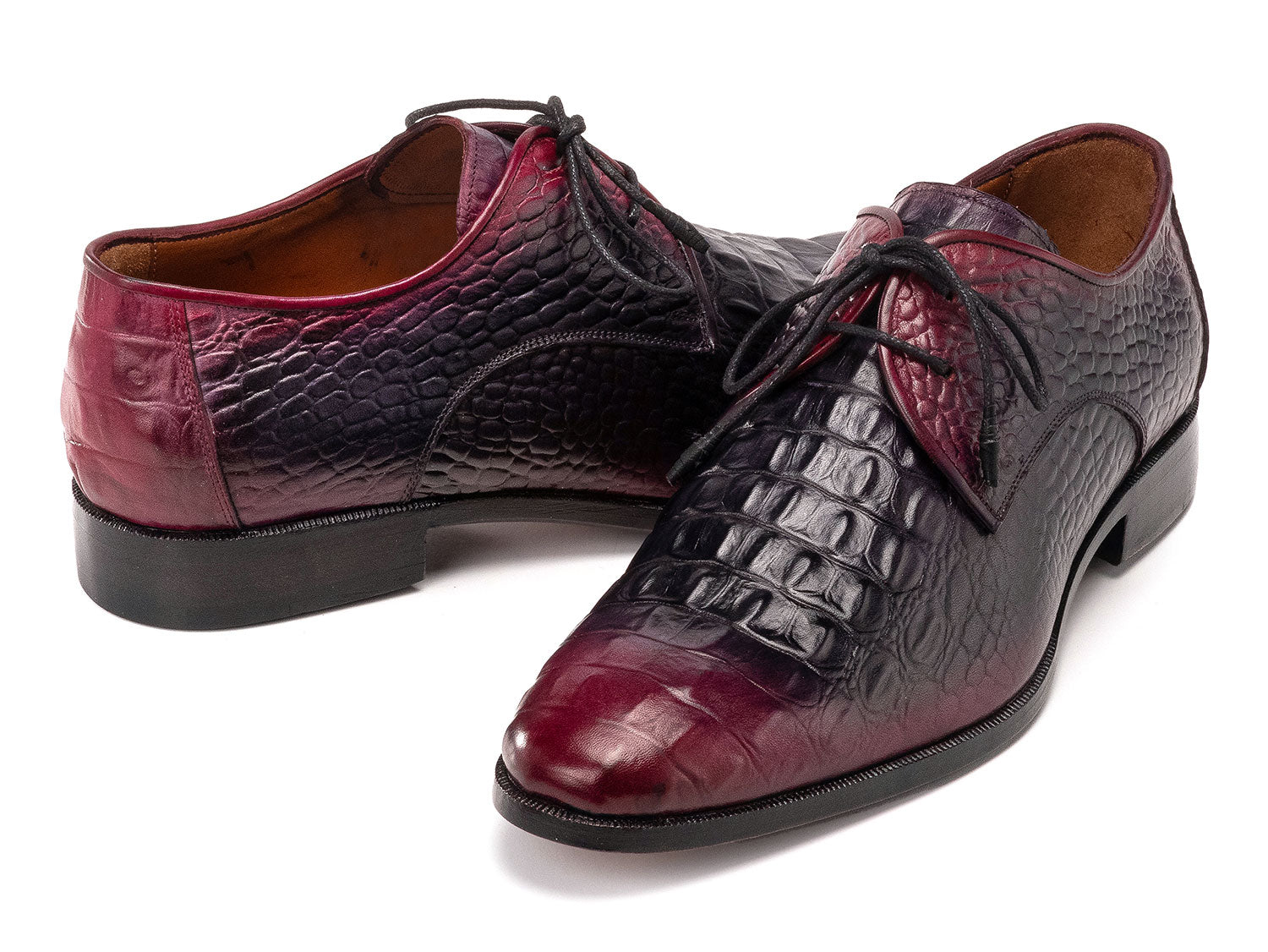 Paul Parkman Men's Black & Purple Crocodile Textured Leather Derby Shoes (1438BPR) feature hand-painted leather, black laces, and a made-to-order finish for refined style.