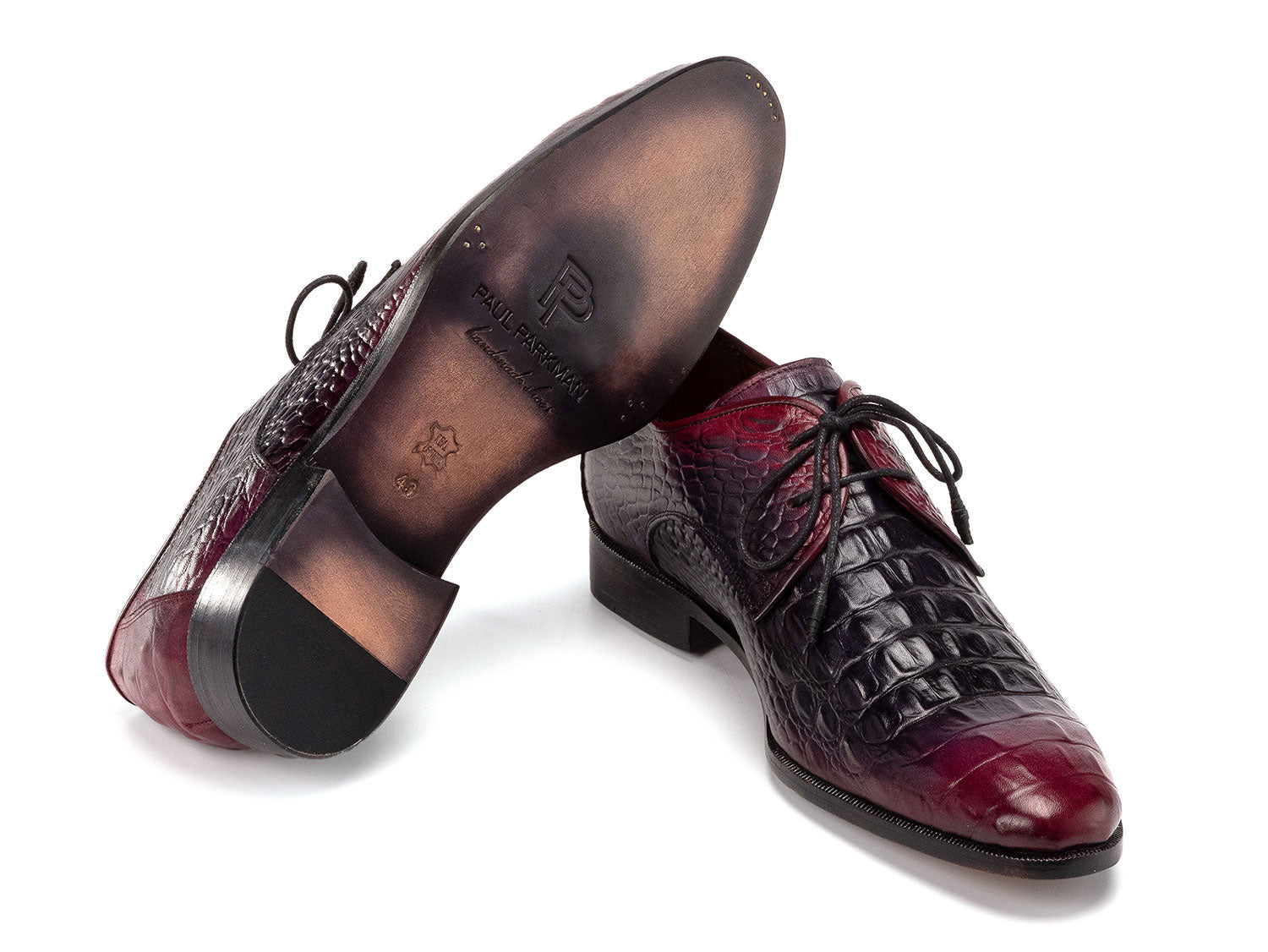 Paul Parkman Men's Black & Purple Crocodile Textured Leather Derby Shoes (1438BPR) feature hand-painted leather, black laces, and a made-to-order finish for refined style.