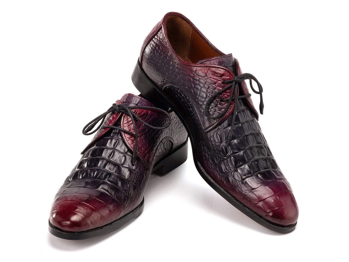 Paul Parkman Men's Black & Purple Crocodile Textured Leather Derby Shoes (1438BPR) feature hand-painted leather, black laces, and a made-to-order finish for refined style.