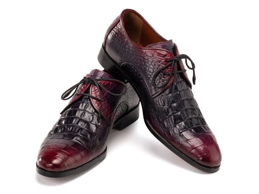 Paul Parkman Men's Black & Purple Crocodile Textured Leather Derby Shoes (1438BPR) feature hand-painted leather, black laces, and a made-to-order finish for refined style.