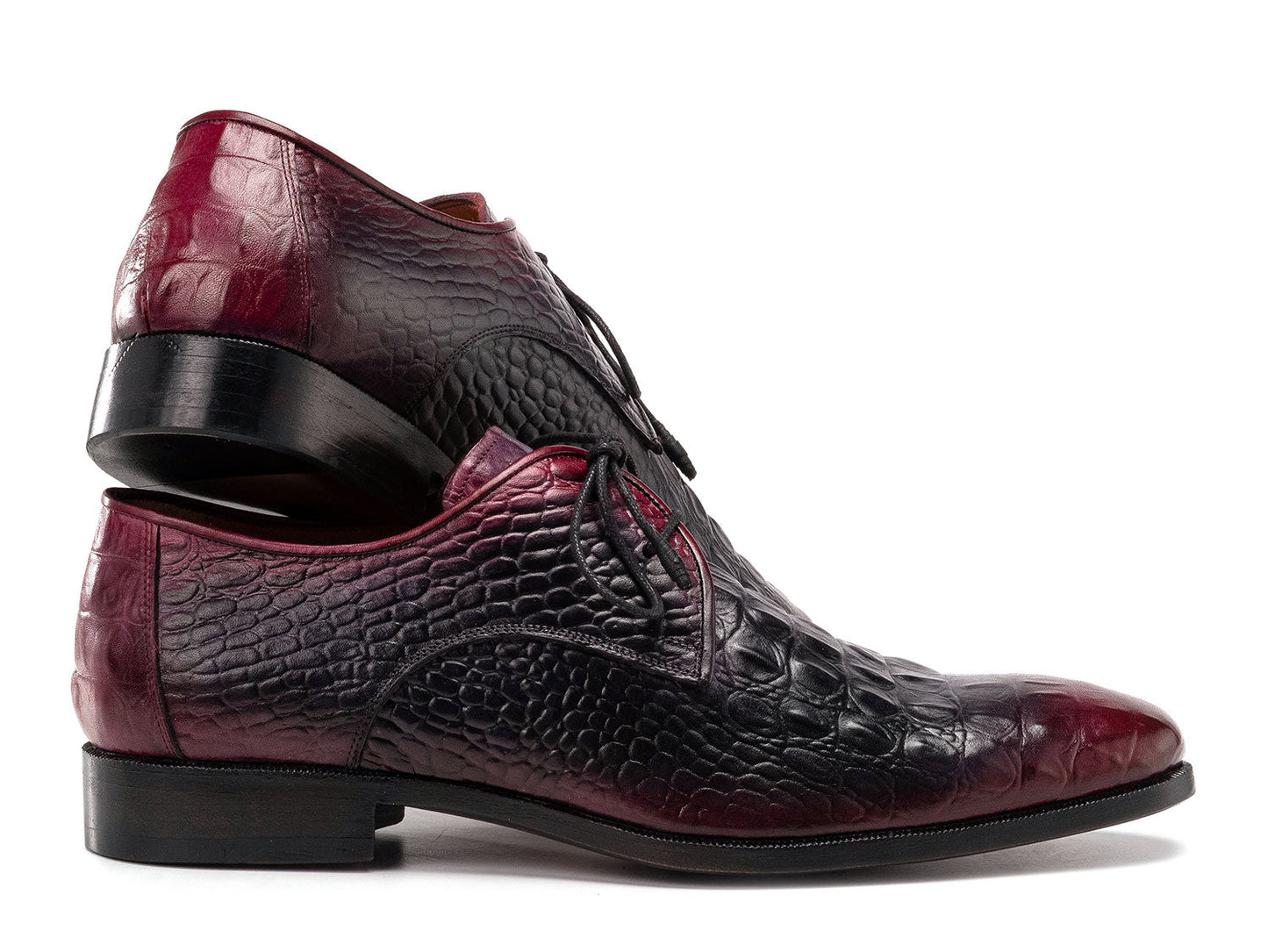 Paul Parkman Men's Black & Purple Crocodile Textured Leather Derby Shoes (1438BPR) feature hand-painted leather, black laces, and a made-to-order finish for refined style.