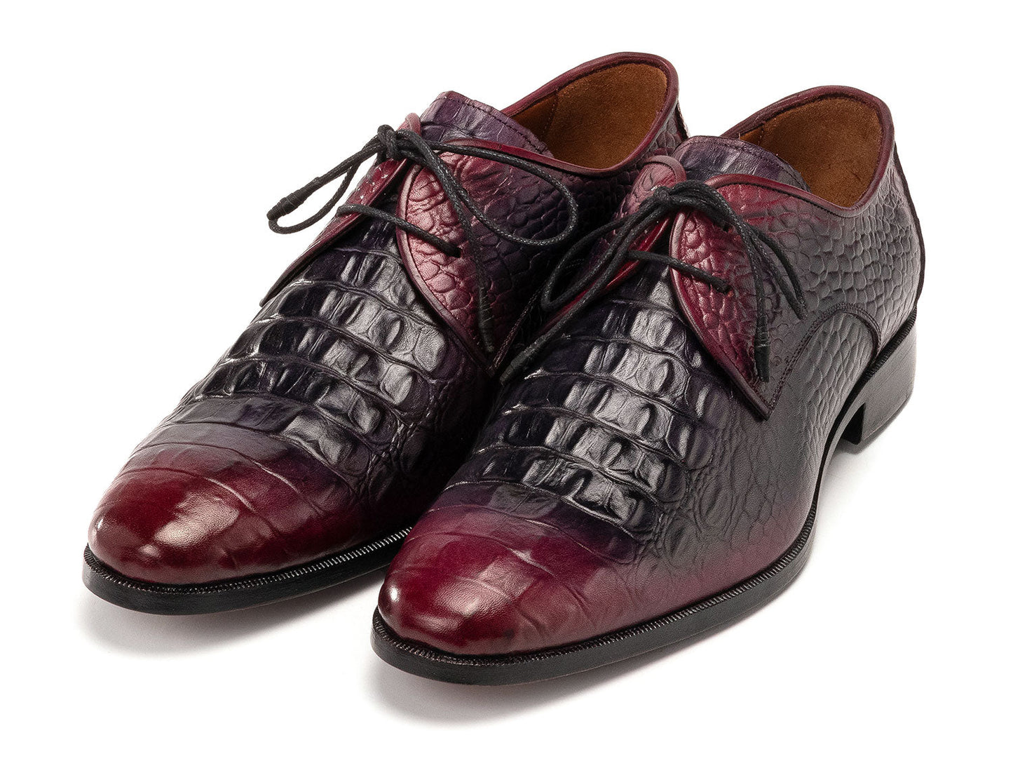 Paul Parkman Men's Black & Purple Crocodile Textured Leather Derby Shoes (1438BPR) feature hand-painted leather, black laces, and a made-to-order finish for refined style.