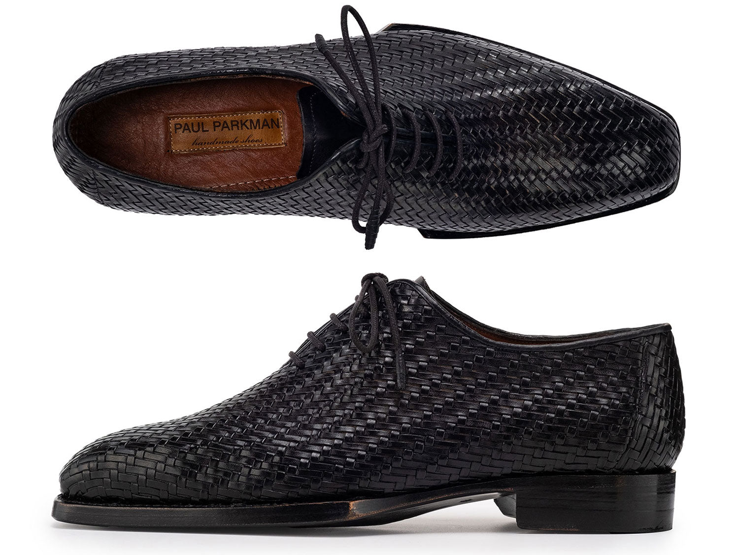 Paul Parkman Black Woven Leather Hand-Welted Oxford Shoes (144WN72) for men—shown from the side and top views, featuring laces and visible Paul Parkman branding inside.