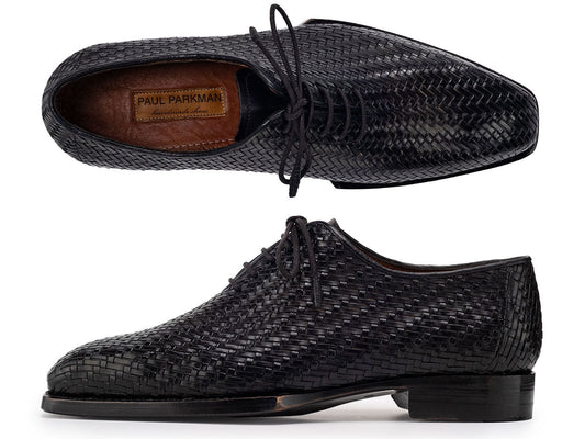 Paul Parkman Black Woven Leather Hand-Welted Oxford Shoes (144WN72) for men—shown from the side and top views, featuring laces and visible Paul Parkman branding inside.