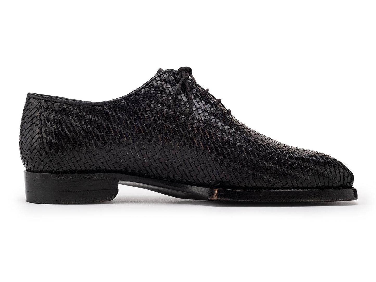 Paul Parkman Black Woven Leather Hand-Welted Oxford Shoes (144WN72) for men—shown from the side and top views, featuring laces and visible Paul Parkman branding inside.