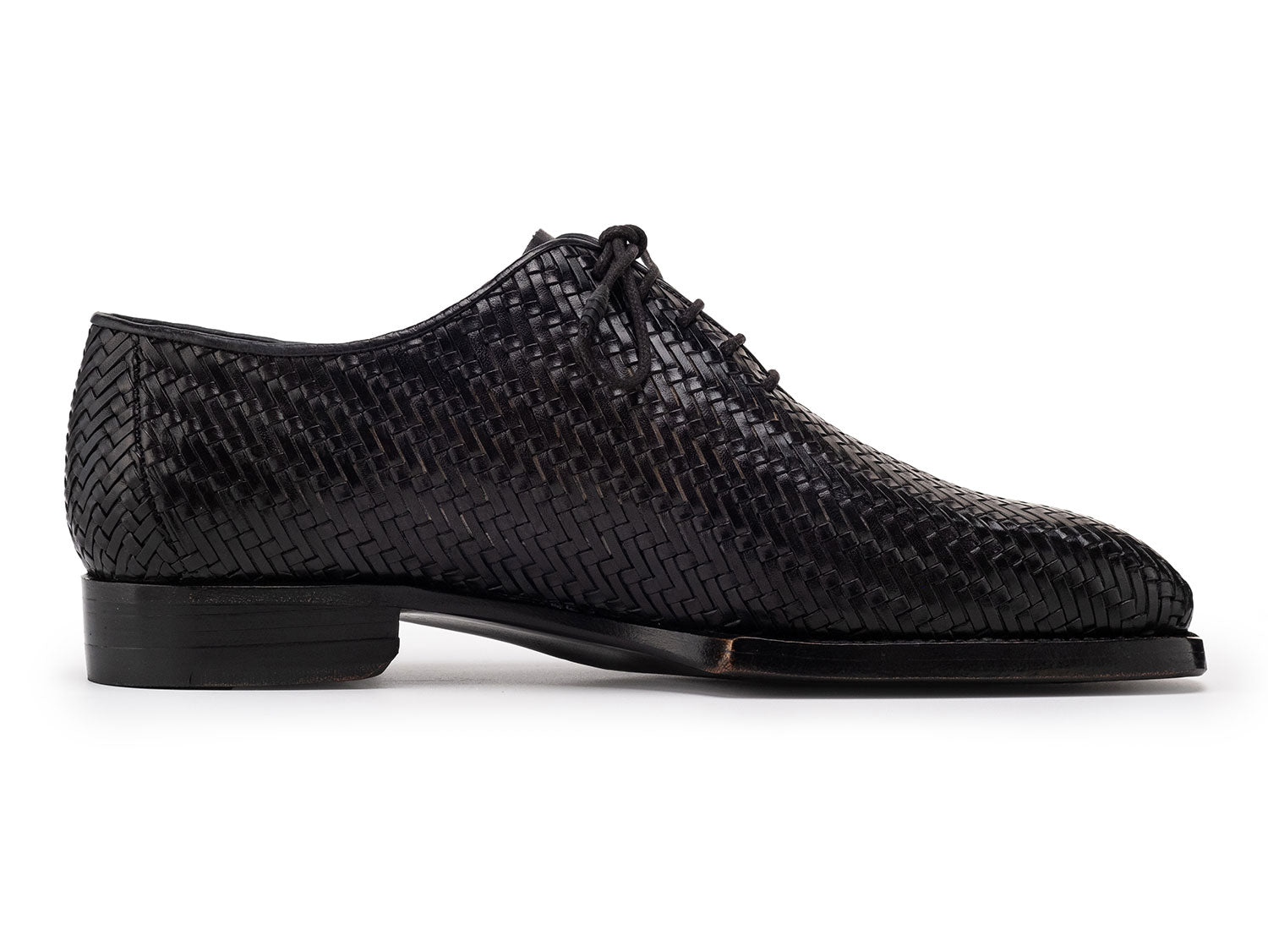 Paul Parkman Black Woven Leather Hand-Welted Oxford Shoes (144WN72) for men—shown from the side and top views, featuring laces and visible Paul Parkman branding inside.