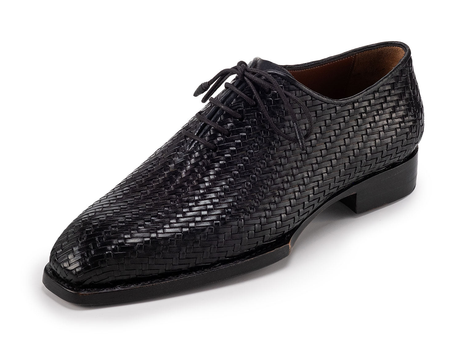 Paul Parkman Black Woven Leather Hand-Welted Oxford Shoes (144WN72) for men—shown from the side and top views, featuring laces and visible Paul Parkman branding inside.