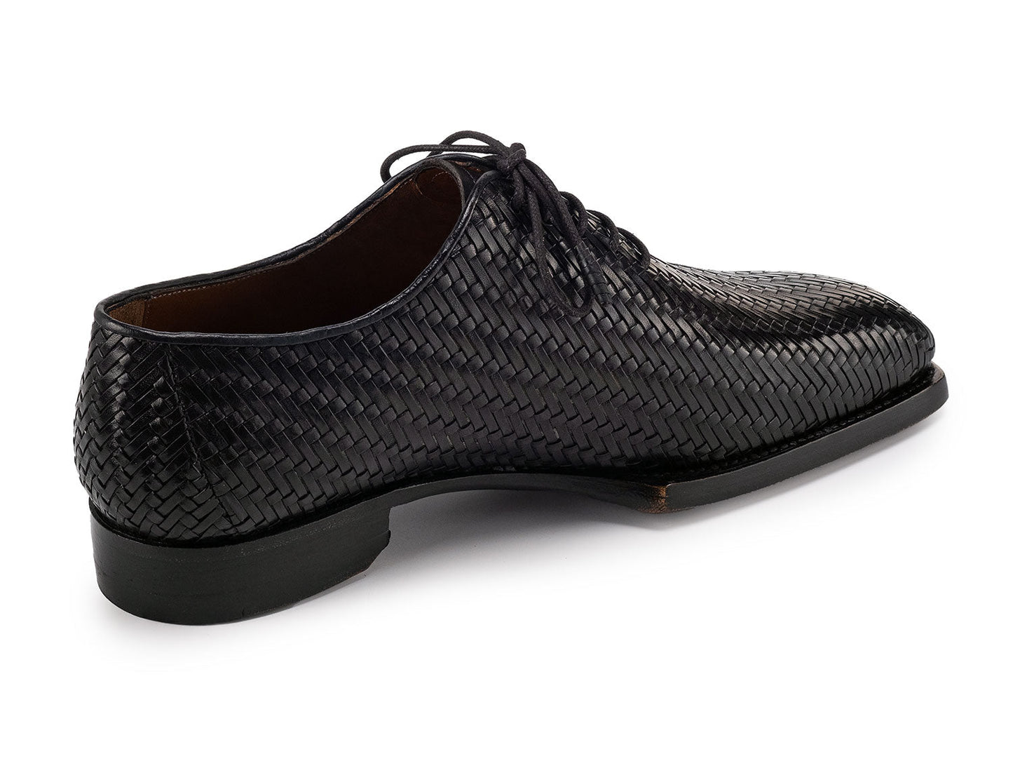 Paul Parkman Black Woven Leather Hand-Welted Oxford Shoes (144WN72) for men—shown from the side and top views, featuring laces and visible Paul Parkman branding inside.