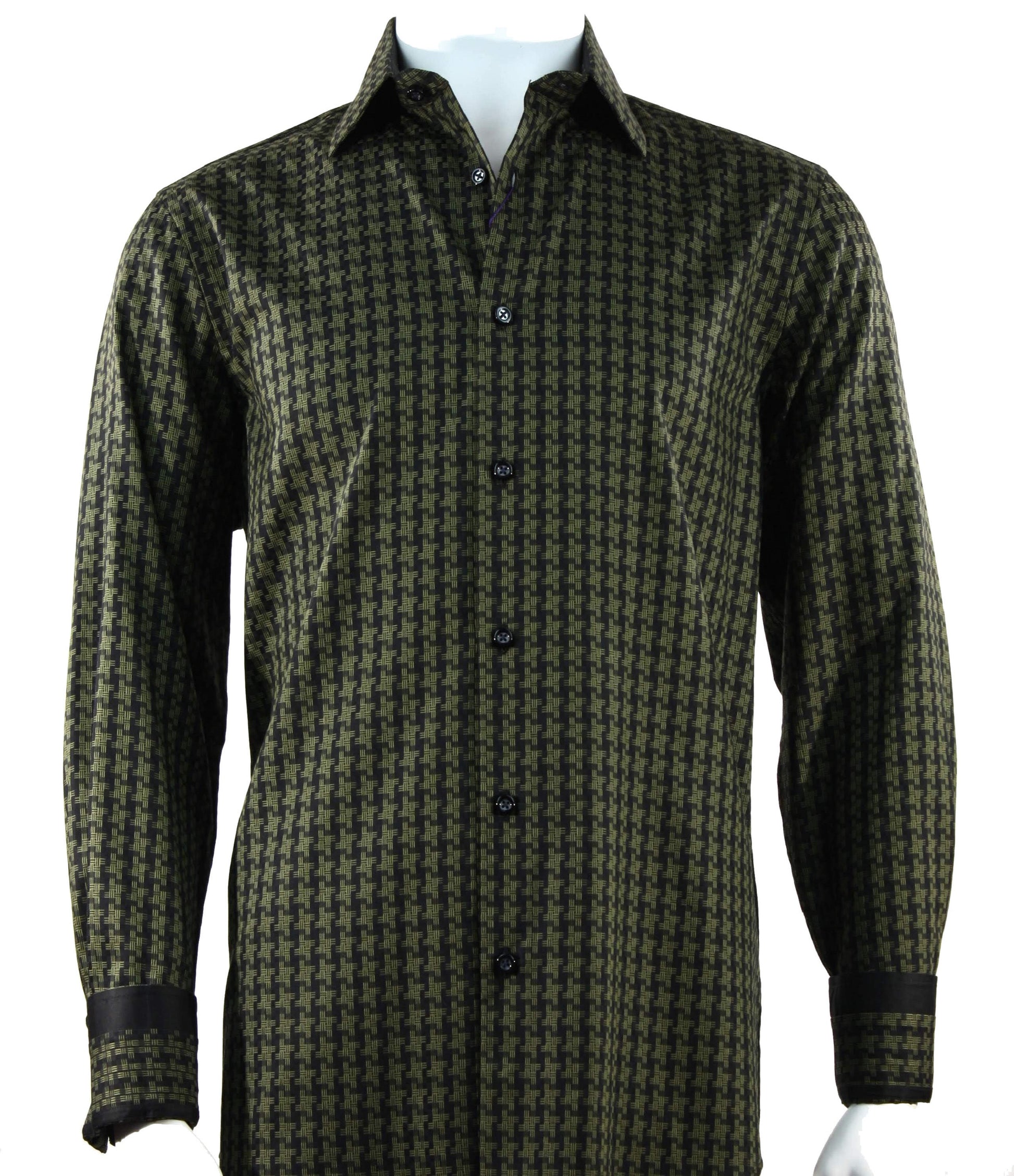 The mannequin displays the Cado Long Sleeve Olive Shirt 157, a modern-fit button-up crafted from soft cotton in a green and black houndstooth pattern.