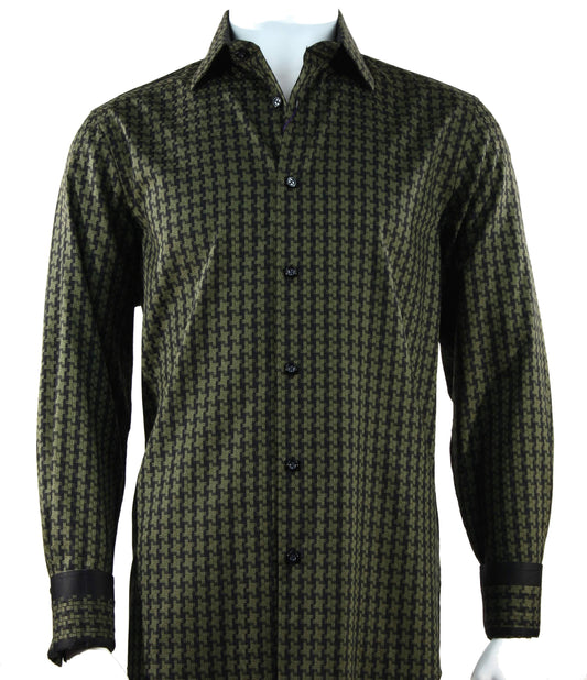 The mannequin displays the Cado Long Sleeve Olive Shirt 157, a modern-fit button-up crafted from soft cotton in a green and black houndstooth pattern.