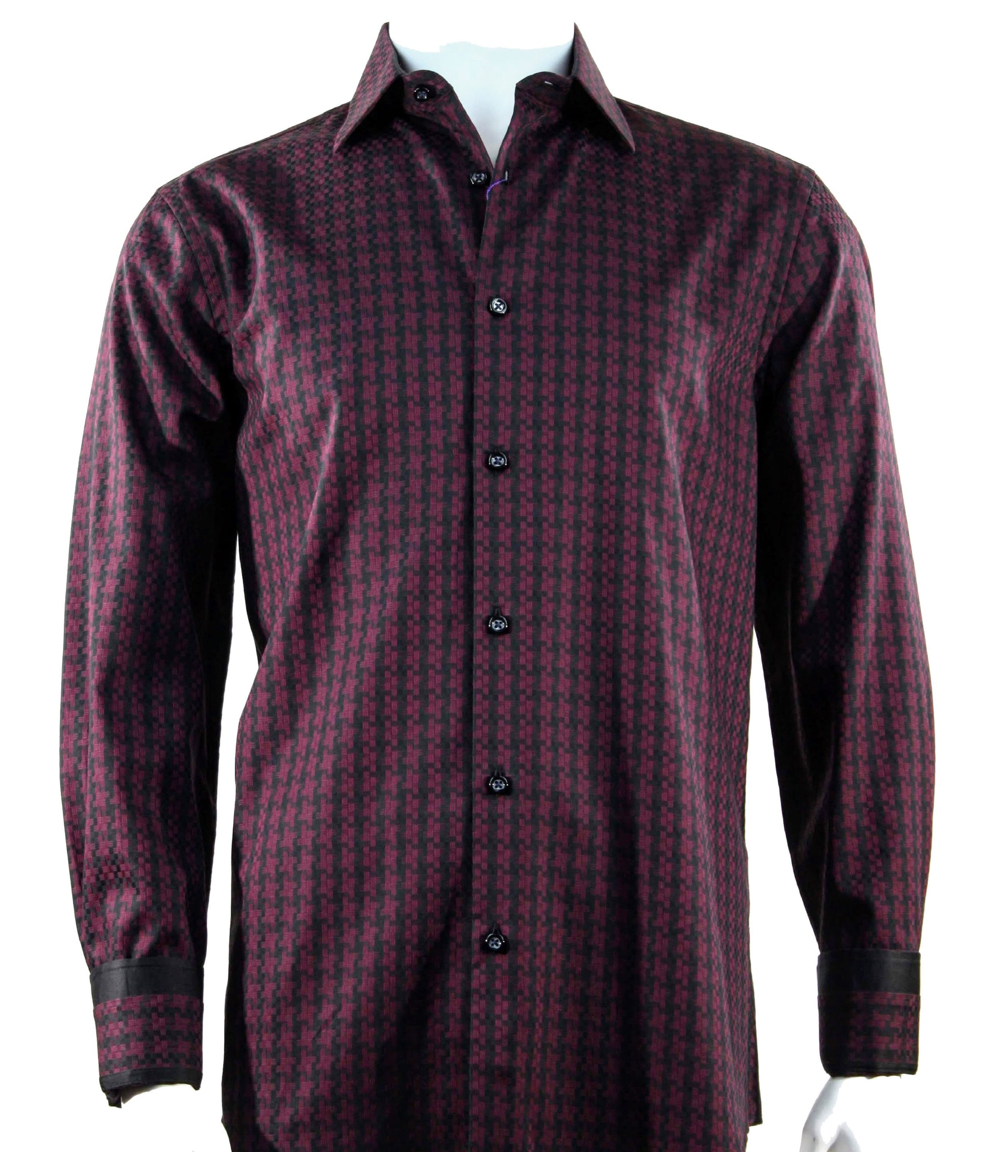 A mannequin wearing the Cado Long Sleeve Red Shirt 157, a modern fit long-sleeve button-up featuring a dark red and black pattern, crafted from soft cotton.