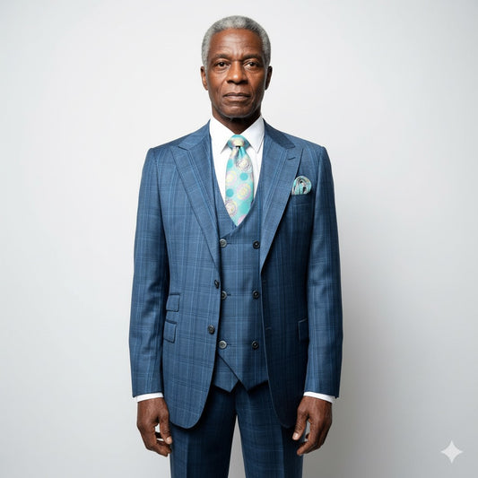 An older man wears the Tiglio Luxe Prosecco Modern Fit pure wool suit & vest in blue/teal plaid (size 54L only), paired with a white shirt and patterned tie, standing against a plain light background with a neutral expression.