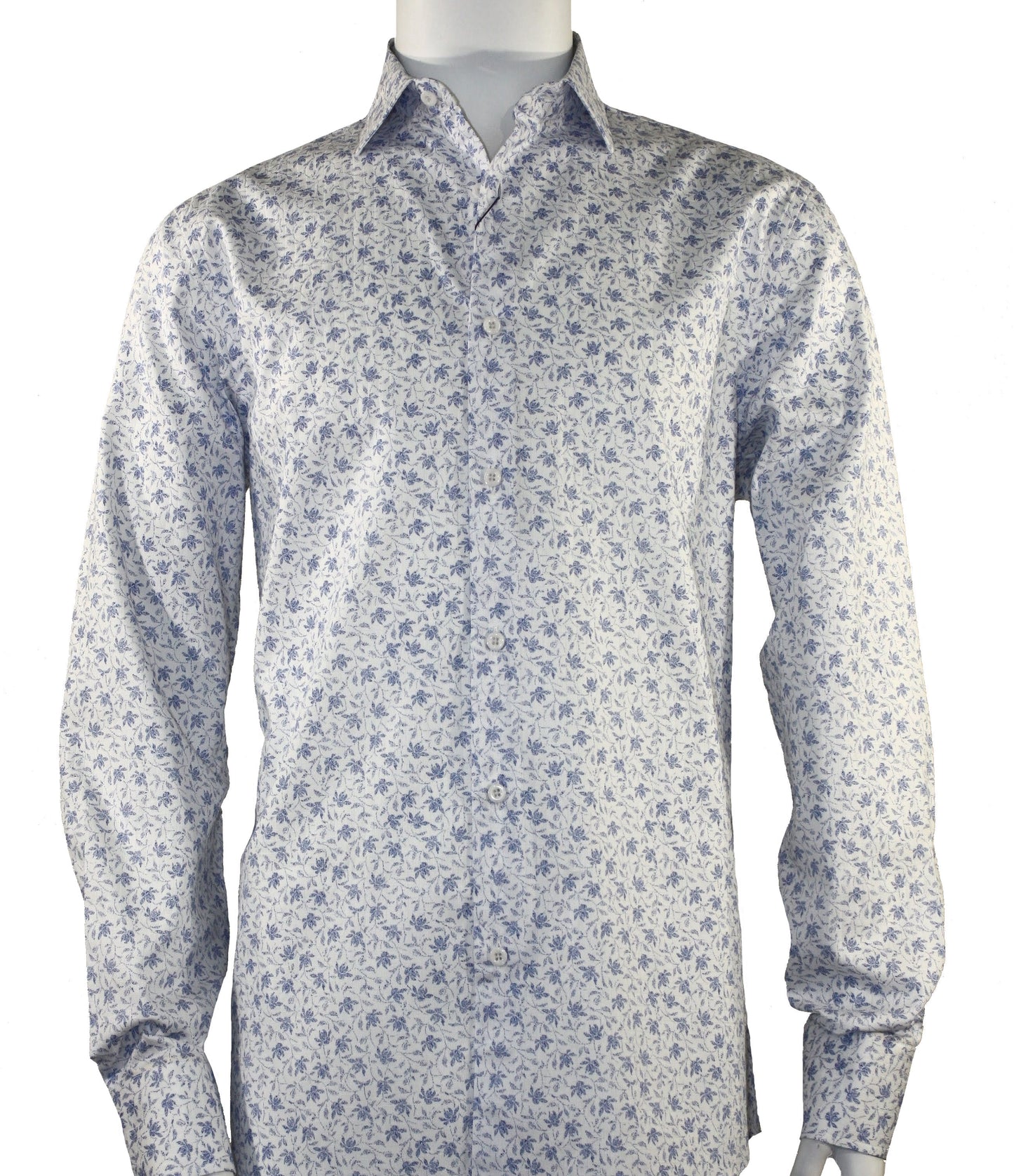 A mannequin showcases the Cado Long Sleeve White Shirt 167, a modern fit, long-sleeved, button-up shirt crafted from soft cotton. It boasts a light blue floral pattern set against a clean white background.