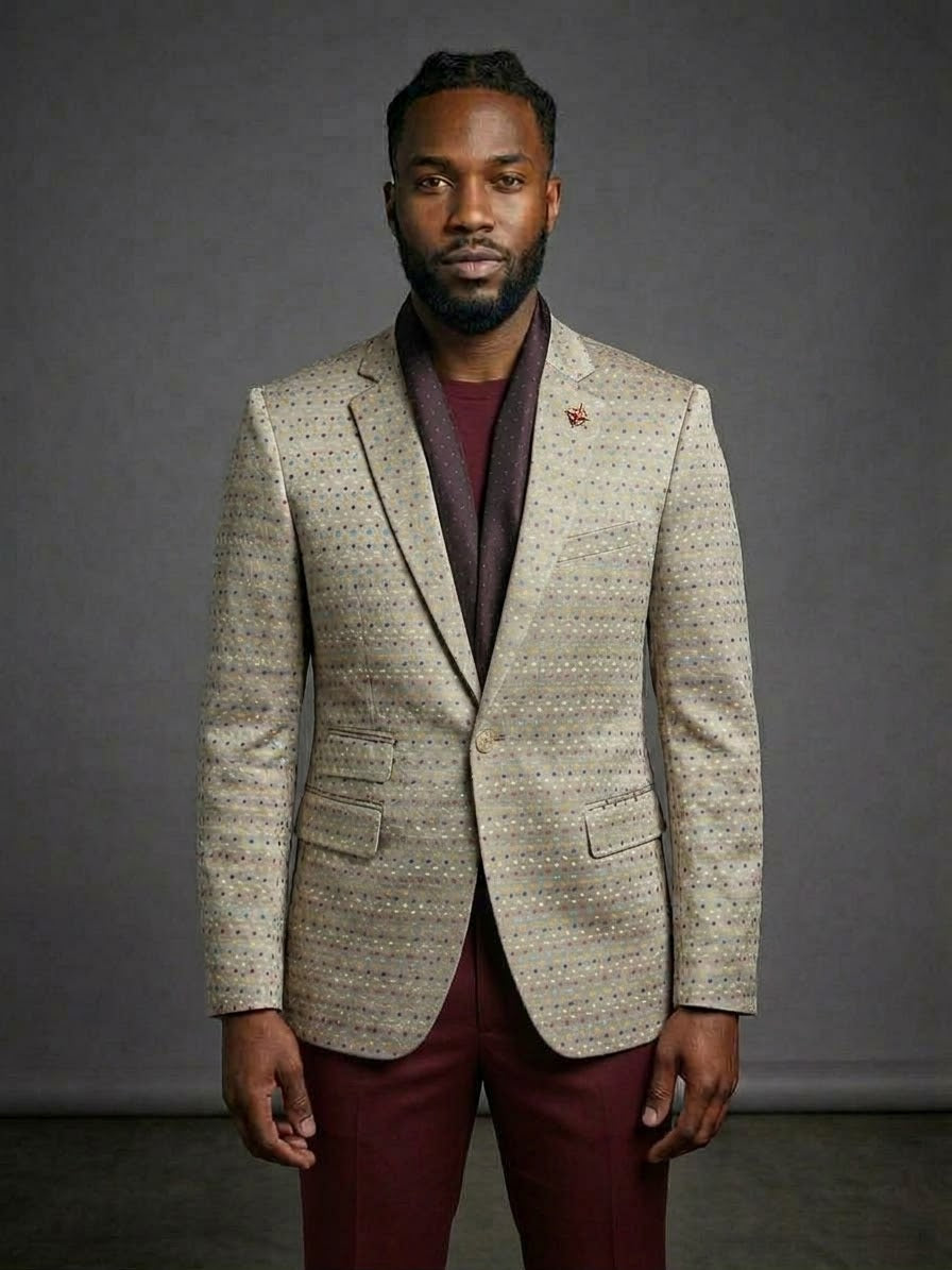 Man wearing EJ SAMUEL Jacket 25 Size Large in beige pattern over maroon shirt and pants, standing against gray background—final sale, no returns or exchanges.