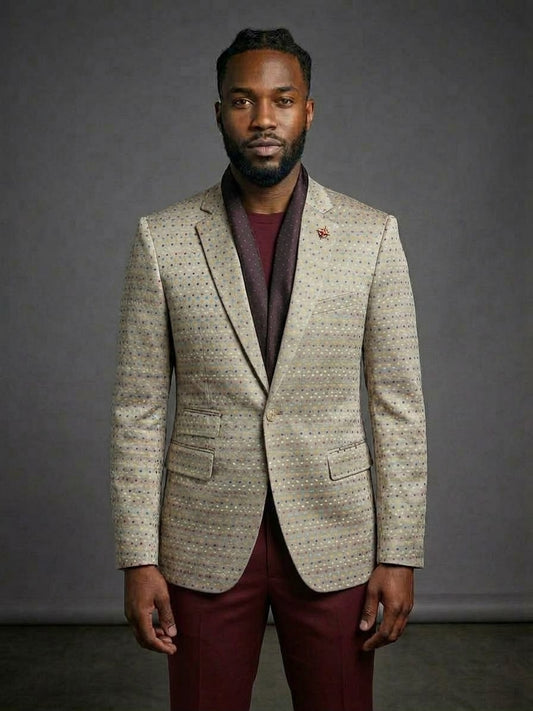 Man wearing EJ SAMUEL Jacket 25 Size Large in beige pattern over maroon shirt and pants, standing against gray background—final sale, no returns or exchanges.