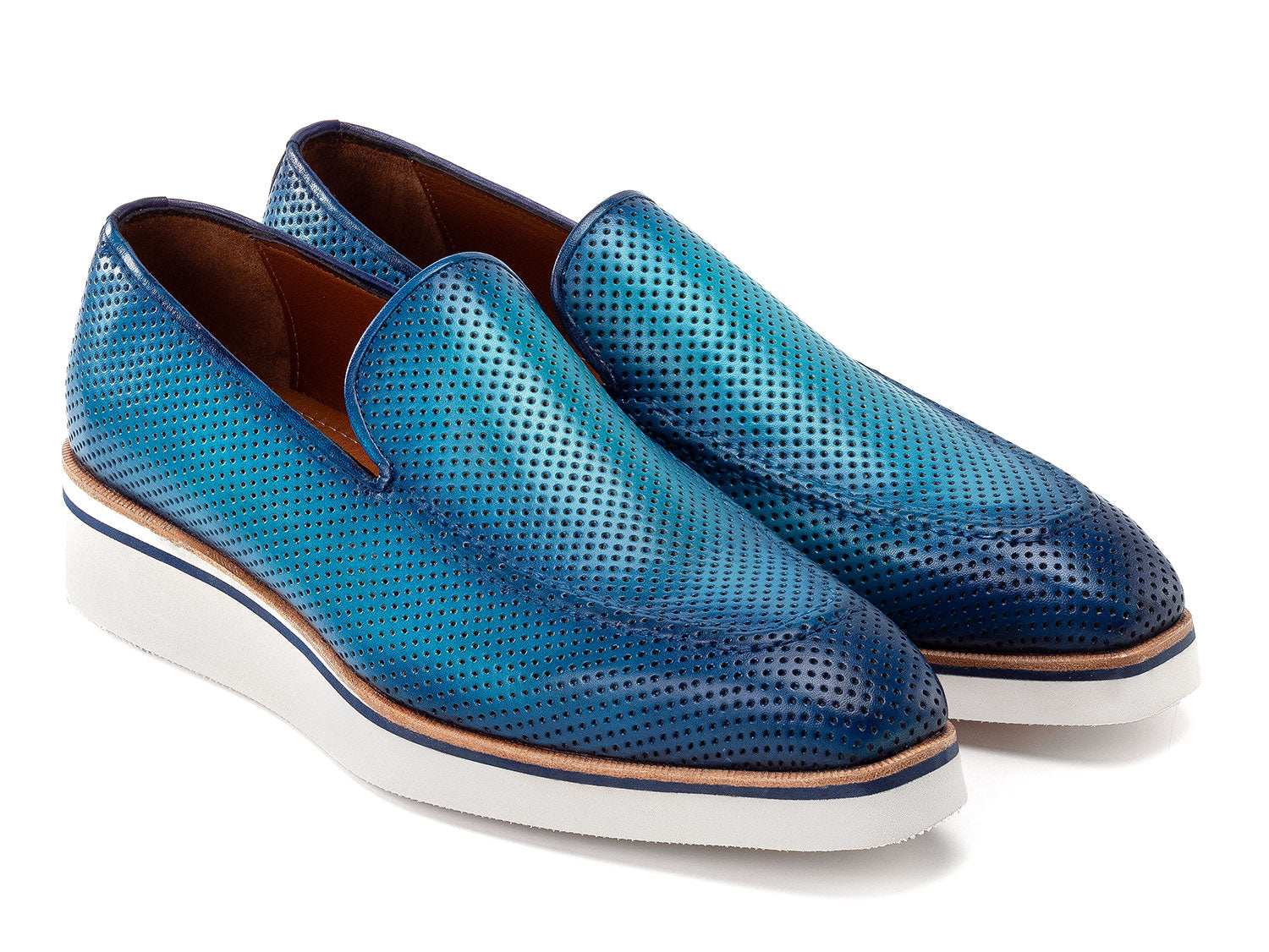 Paul Parkman Men's Smart Casual Perforated Leather Loafers in turquoise with white soles are displayed on a white background.