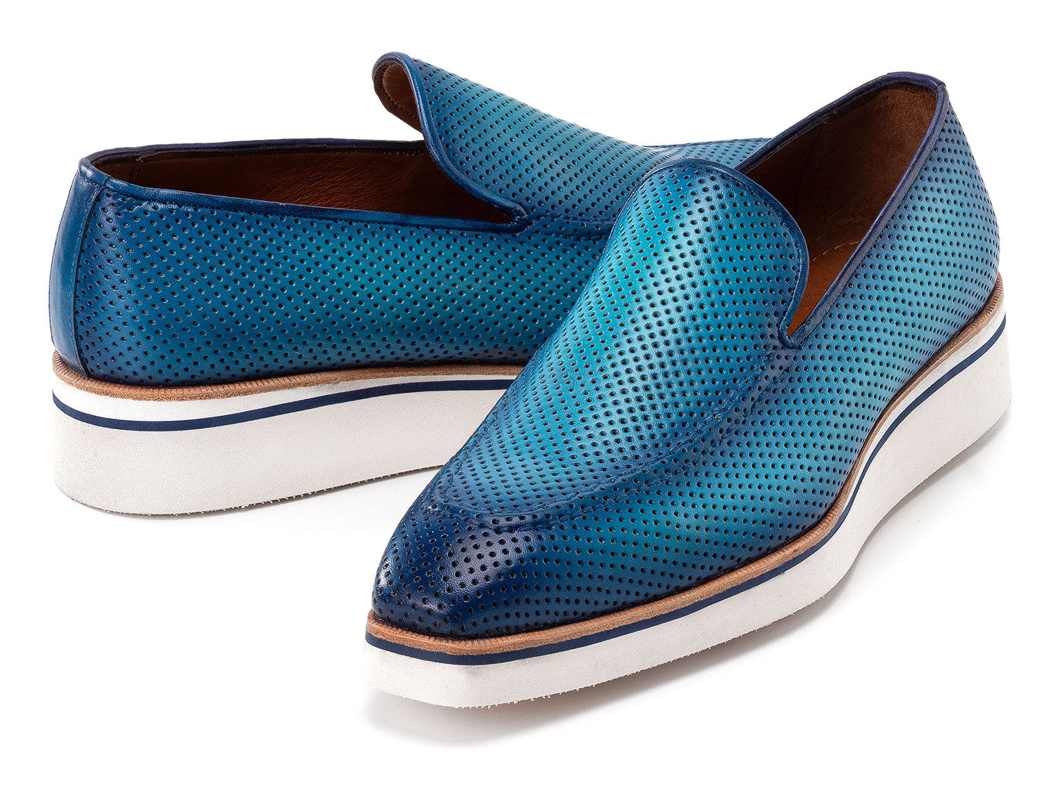 Paul Parkman Men's Smart Casual Perforated Leather Loafers in turquoise with white soles are displayed on a white background.