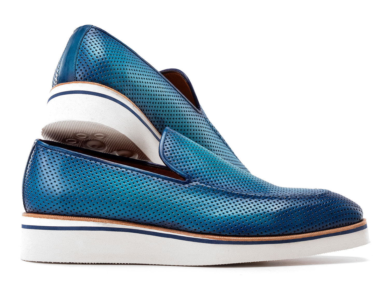 Paul Parkman Men's Smart Casual Perforated Leather Loafers in turquoise with white soles are displayed on a white background.